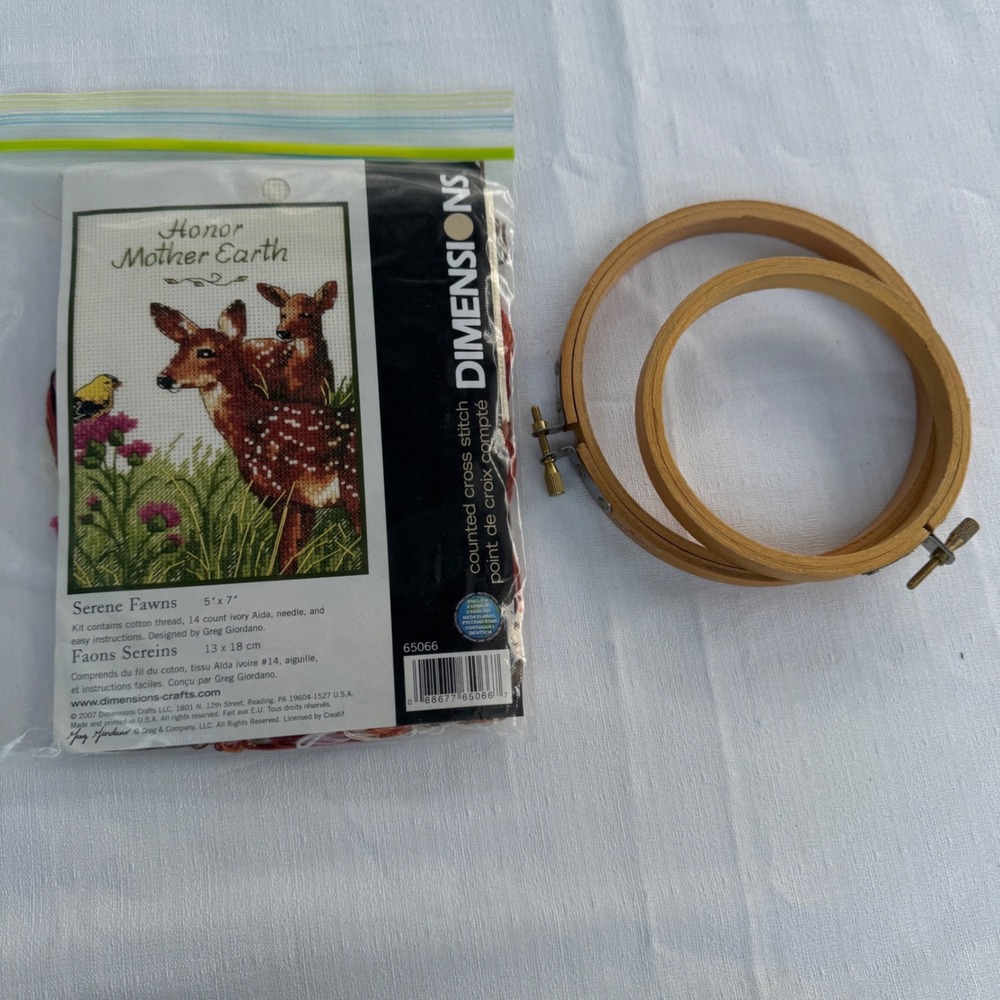 Dimensions Serene Fawns Cross Stitch LOT Kit 5x7 Ivory Deer Wood Hoops 65066